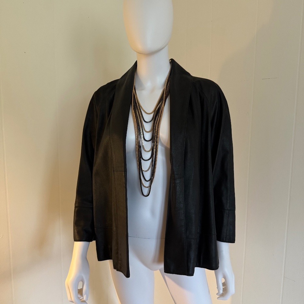 Black leather Doncaster, 3/4 sleeve, shawl collar, jacket, size 14; capsule